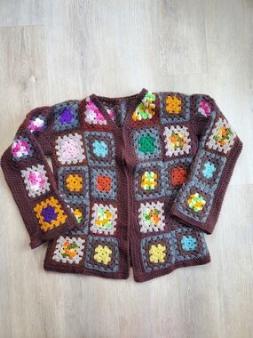 Handmade Brown Crochet Granny Square Jacket